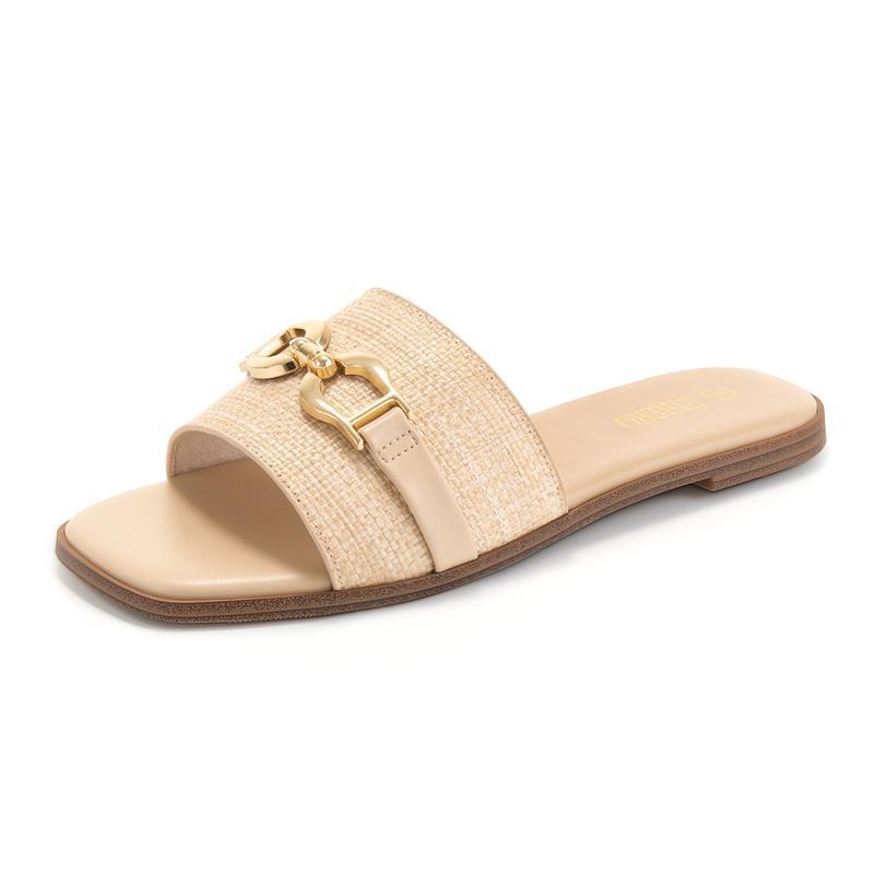 Synthetic Leather Square-Toe Flat Sandals With Metal Buckle