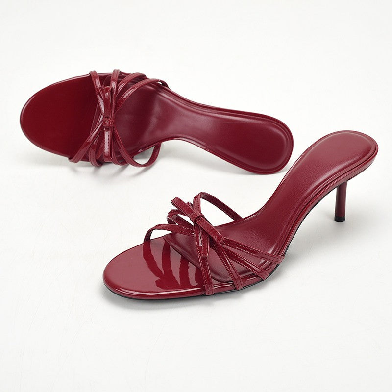 2026 Plus Size Women Patent Leather Wine Red Round Toe Thin Strap Bow High Heel Mules, Open Toe Outdoor Slides