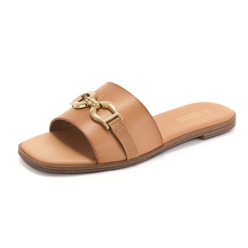 Synthetic Leather Square-Toe Flat Sandals With Metal Buckle