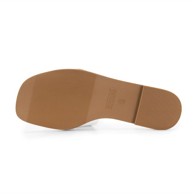 Synthetic Leather Square-Toe Flat Sandals With Metal Buckle