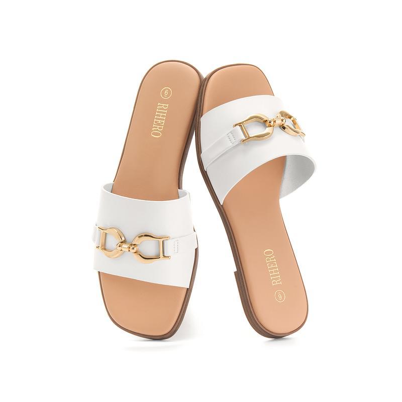 Synthetic Leather Square-Toe Flat Sandals With Metal Buckle