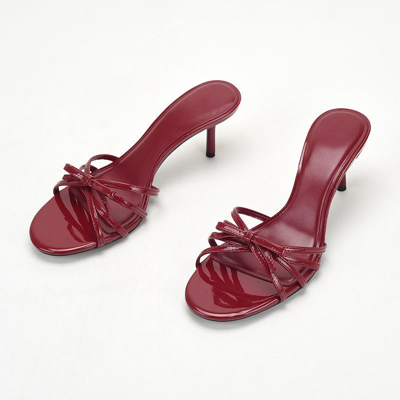 2026 Plus Size Women Patent Leather Wine Red Round Toe Thin Strap Bow High Heel Mules, Open Toe Outdoor Slides