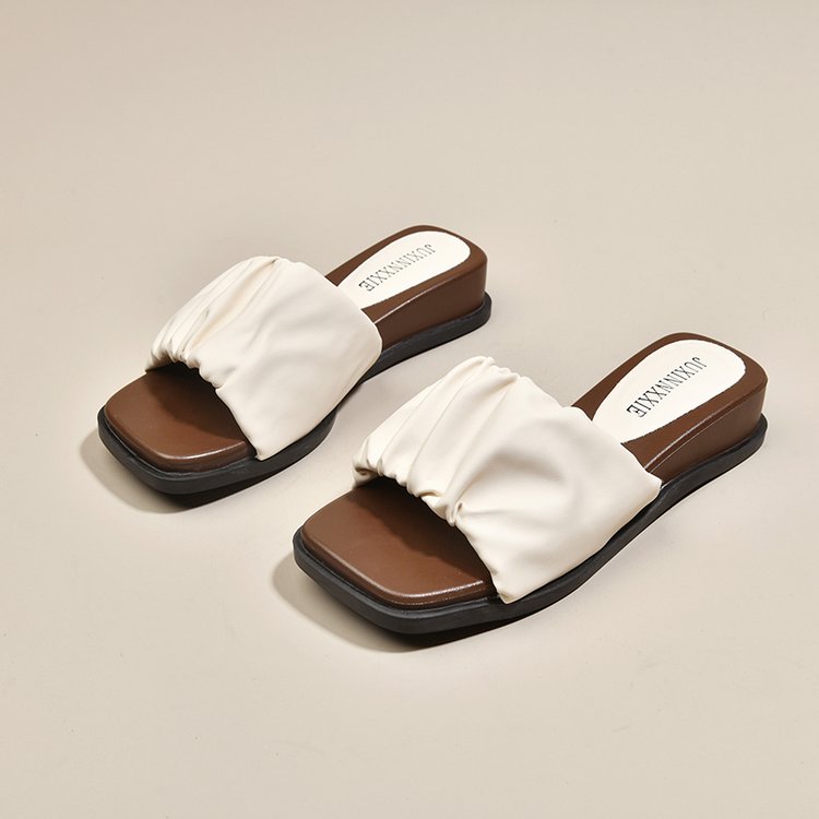 New Arrival Ruched Square Toe Open Toe Platform Slide Sandals, Beach One Strap Sandals