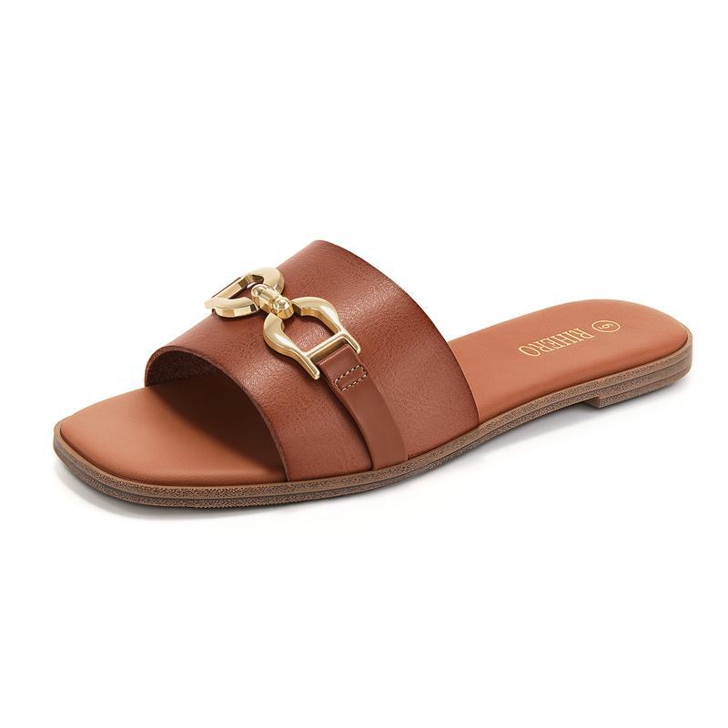 Synthetic Leather Square-Toe Flat Sandals With Metal Buckle