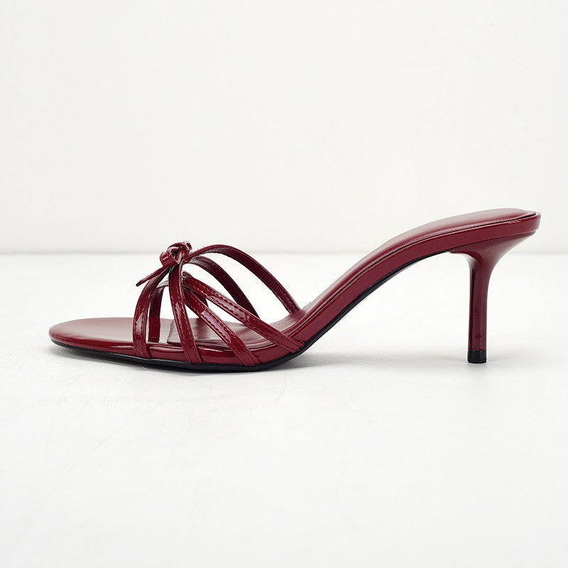 2026 Plus Size Women Patent Leather Wine Red Round Toe Thin Strap Bow High Heel Mules, Open Toe Outdoor Slides