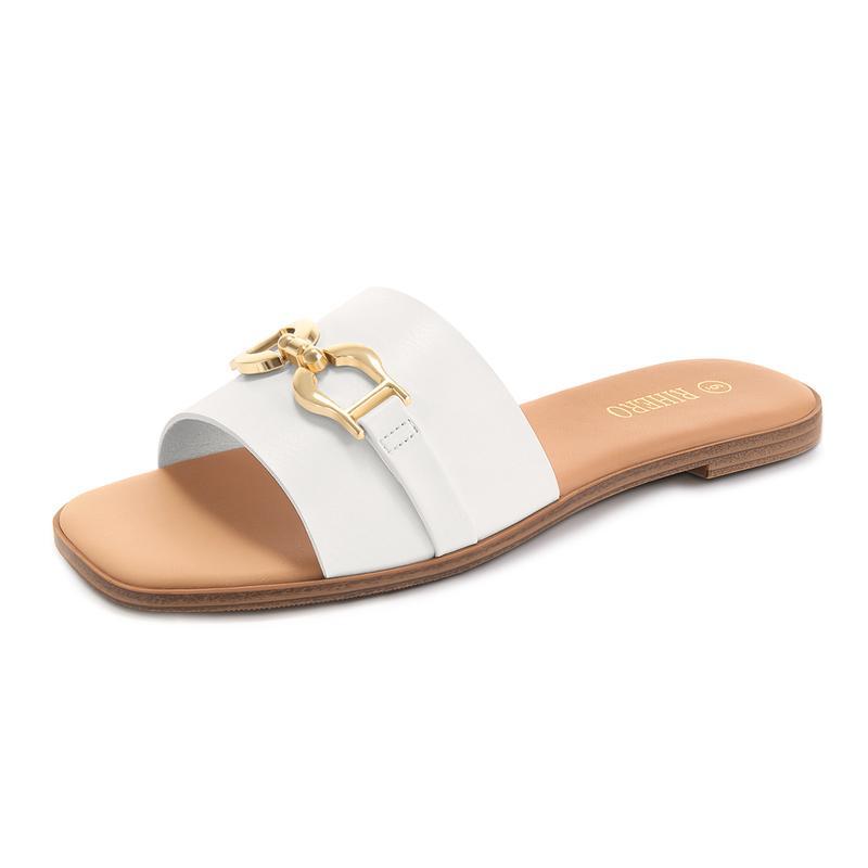 Synthetic Leather Square-Toe Flat Sandals With Metal Buckle