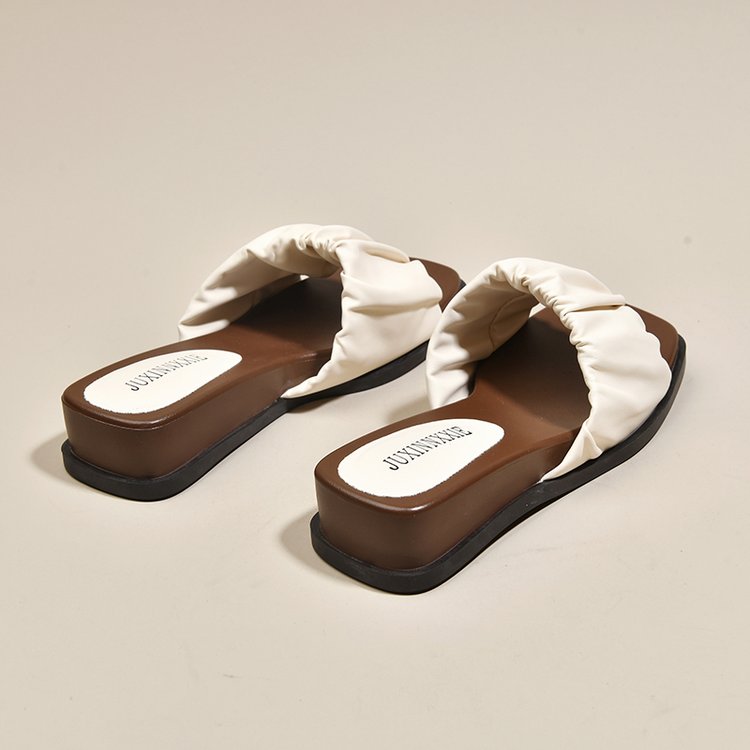 New Arrival Ruched Square Toe Open Toe Platform Slide Sandals, Beach One Strap Sandals