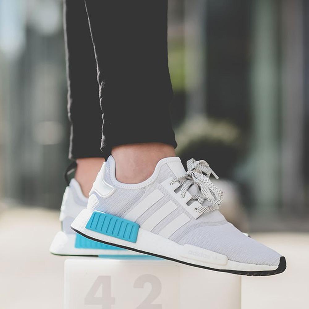 Adidas NMD_R1 Kids White-Bright Cyan — UK 3 | EU 35.5 | US 3.5 — Top View