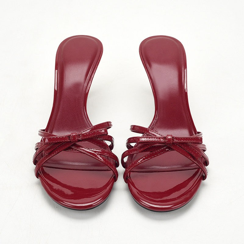 2026 Plus Size Women Patent Leather Wine Red Round Toe Thin Strap Bow High Heel Mules, Open Toe Outdoor Slides
