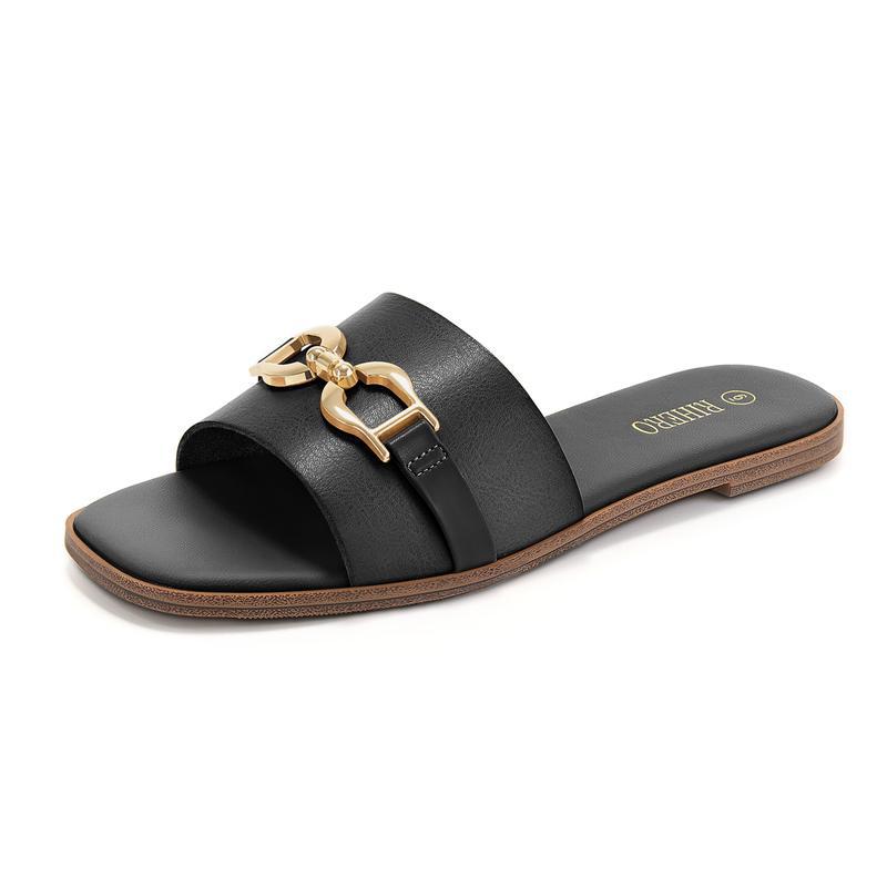 Synthetic Leather Square-Toe Flat Sandals With Metal Buckle
