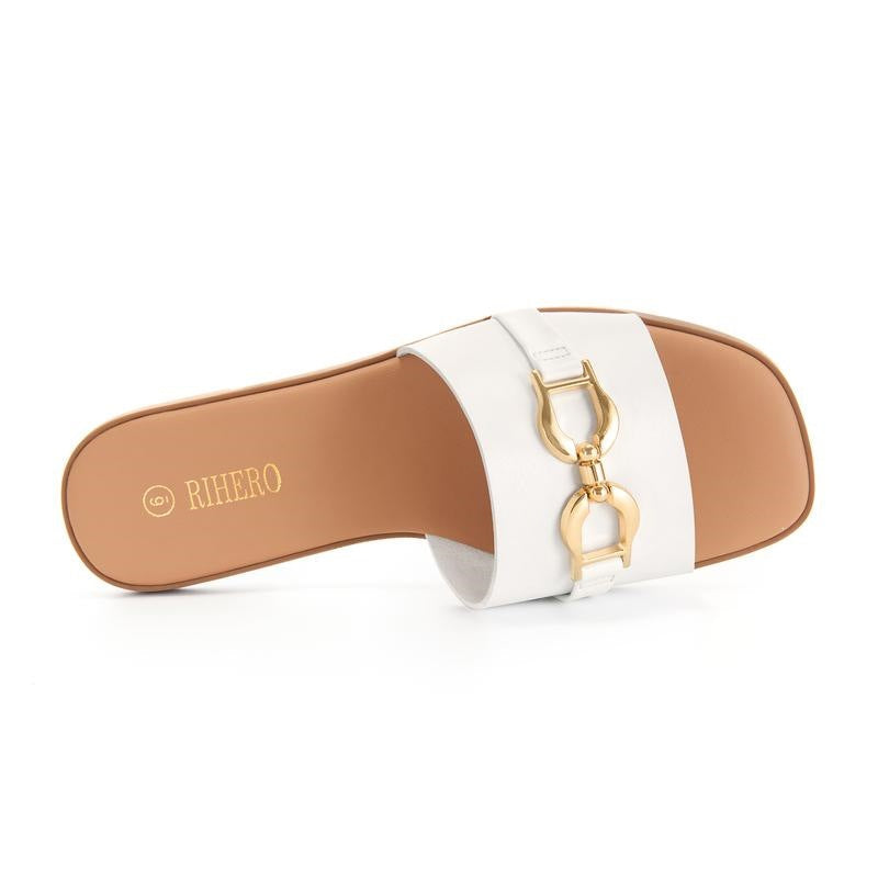Synthetic Leather Square-Toe Flat Sandals With Metal Buckle